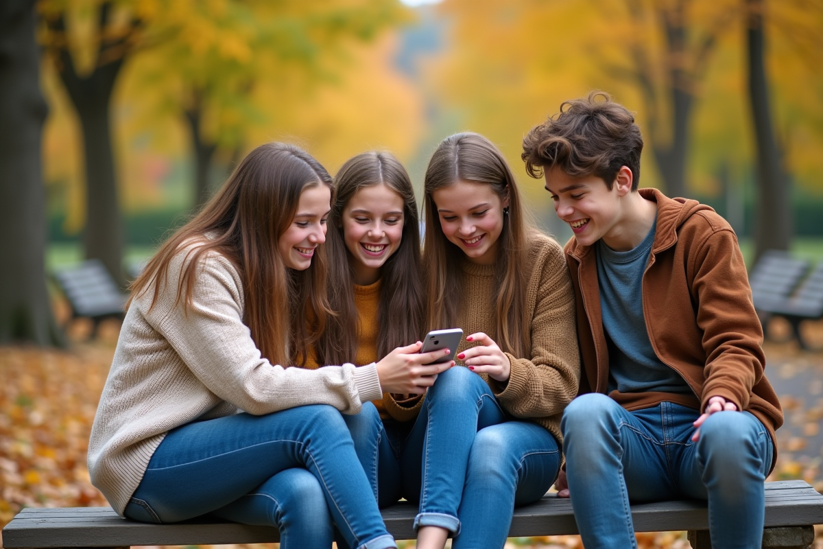 Adolescents discutant sur un banc dans un parc
