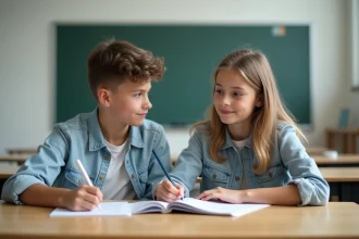 Adolescents en classe collaborant sur un devoir dans une salle moderne