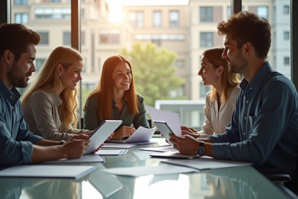 Groupe de jeunes professionnels collaborant dans un bureau lumineux