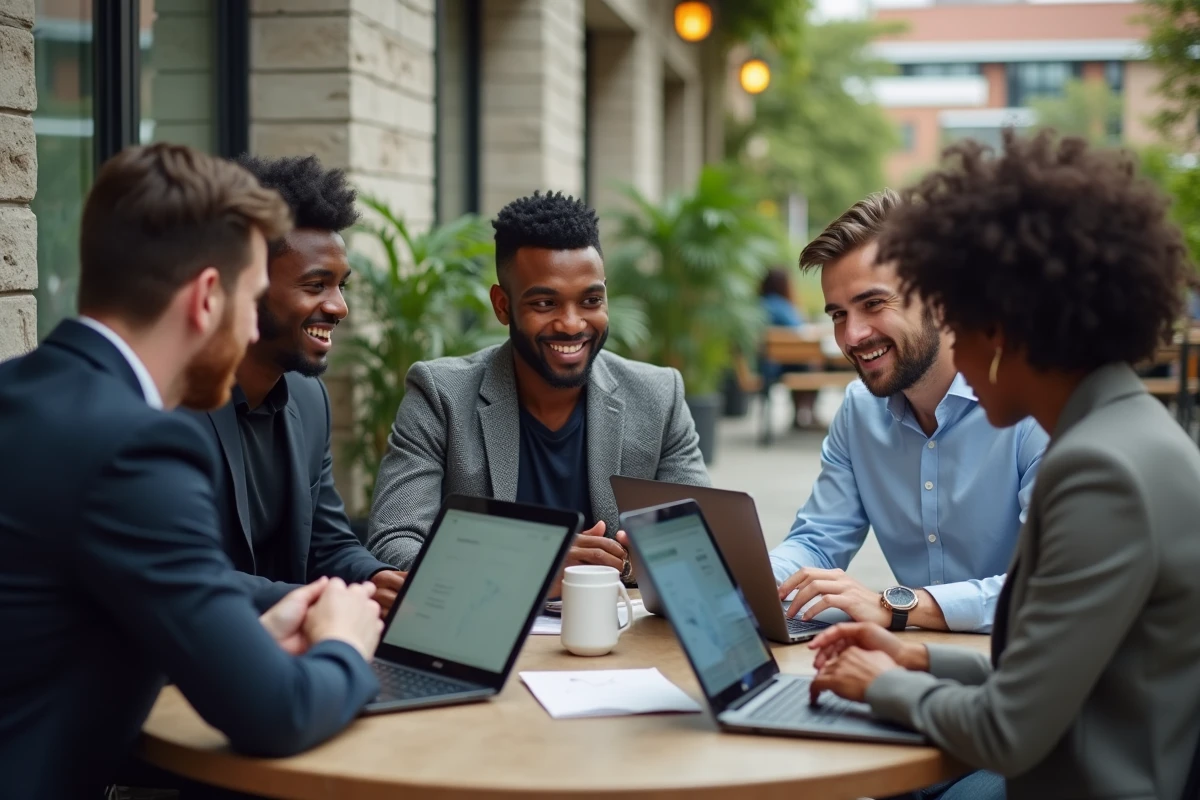 Jeunes professionnels collaborant dans un café urbain