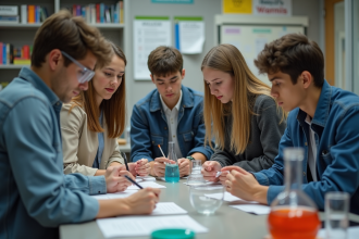 Groupe de lycéens en expérience de chimie en classe