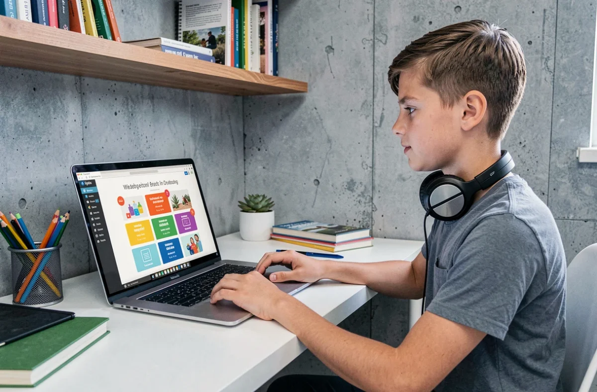 Adolescent utilisant la plateforme Kartable sur ordinateur portable pour réviser ses cours en ligne
