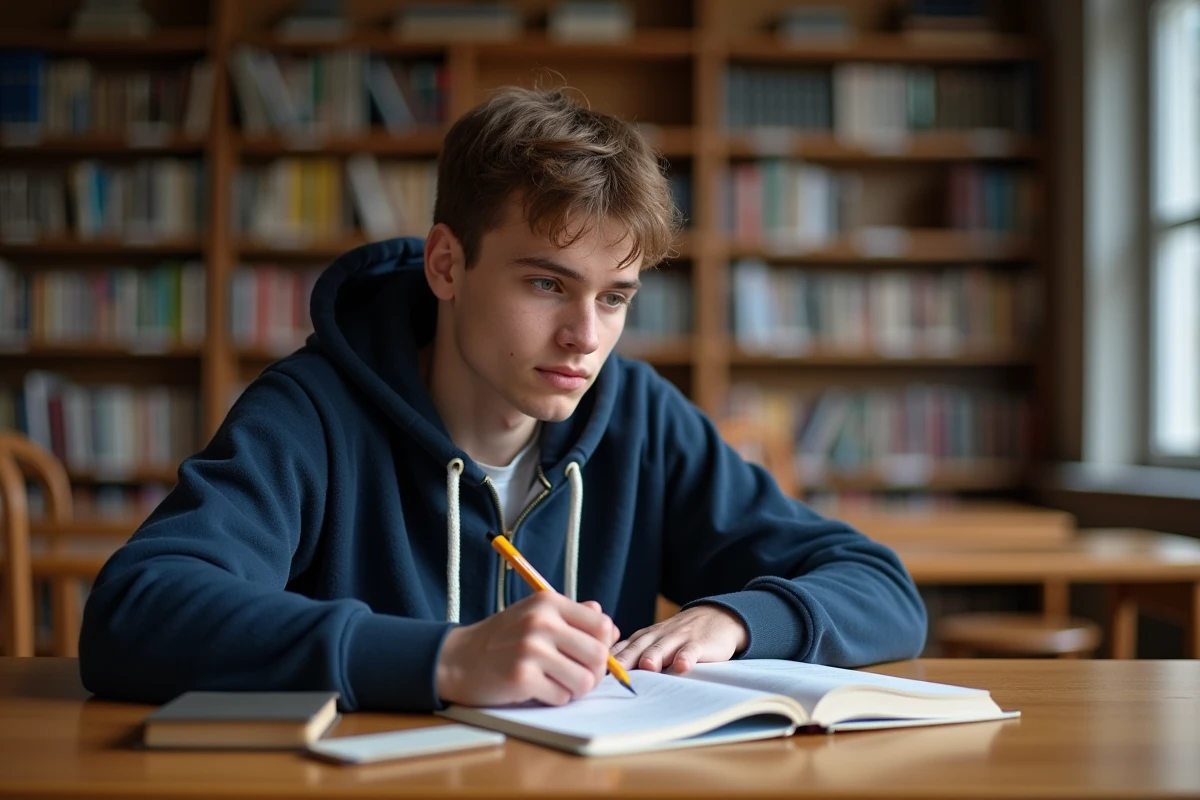 Lycéen français étudiant seul dans une bibliothèque calme avec un manuel scolaire ouvert sur un bureau en bois