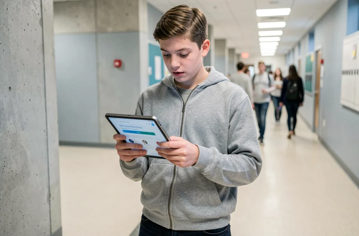 Lycéen consultant son ENT sur une tablette numérique dans un couloir d'établissement scolaire pour s'informer sur les métiers