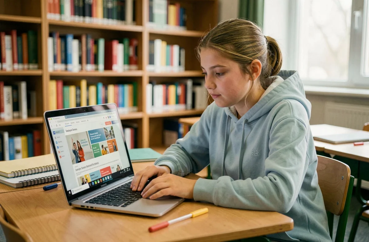 Adolescente consultant une plateforme d'orientation scolaire sur un ordinateur portable dans une bibliothèque de lycée