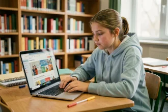 Adolescente consultant une plateforme d'orientation scolaire sur un ordinateur portable dans une bibliothèque de lycée