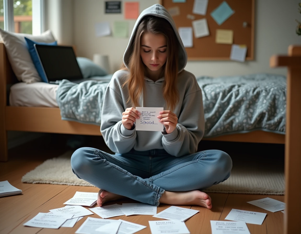 Lycéenne révisant les figures de style pour le bac de français avec des fiches de révision manuscrites
