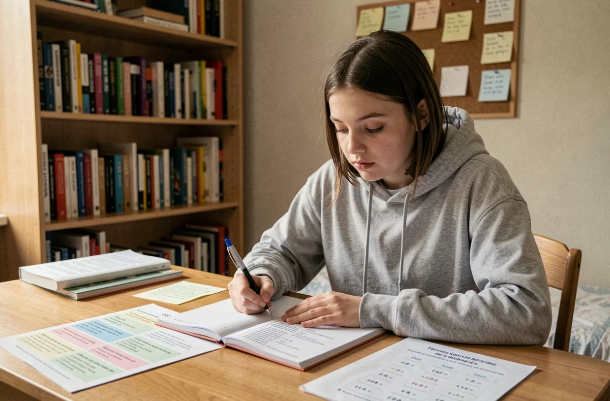 Lycéenne concentrée révisant la conjugaison du passé simple dans un cahier de grammaire française sur son bureau en bois