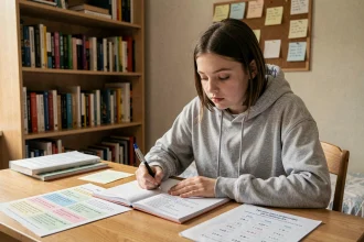 Lycéenne concentrée révisant la conjugaison du passé simple dans un cahier de grammaire française sur son bureau en bois