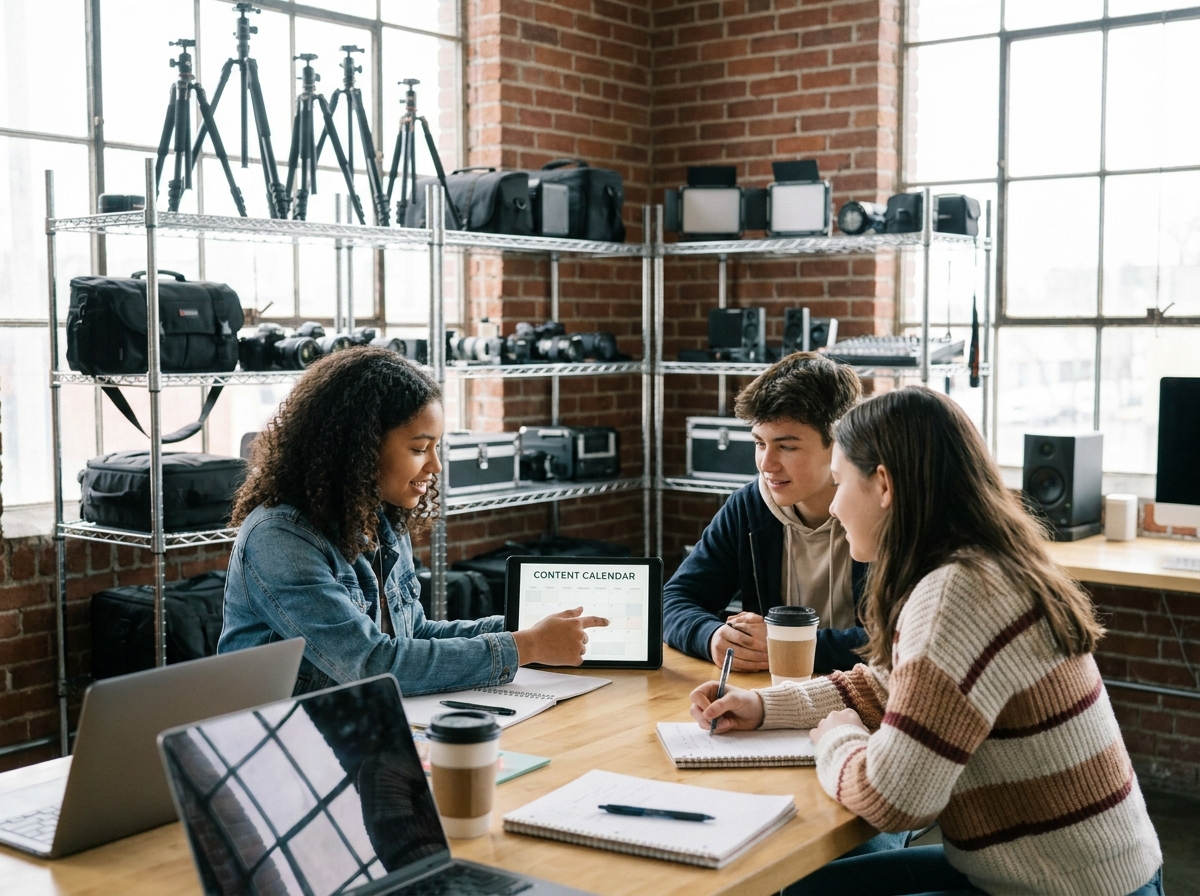 Groupe de lycéens travaillant ensemble sur une stratégie de contenu numérique dans un espace créatif scolaire, explorant les métiers de l'entertainment et des médias avant le bac