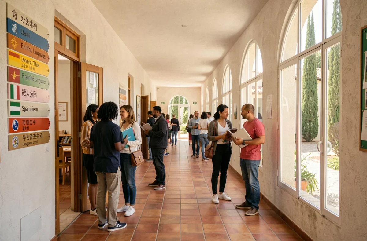 Couloir animé d'une école de langues dans le sud de la France avec signalétique multilingue et étudiants de différentes nationalités