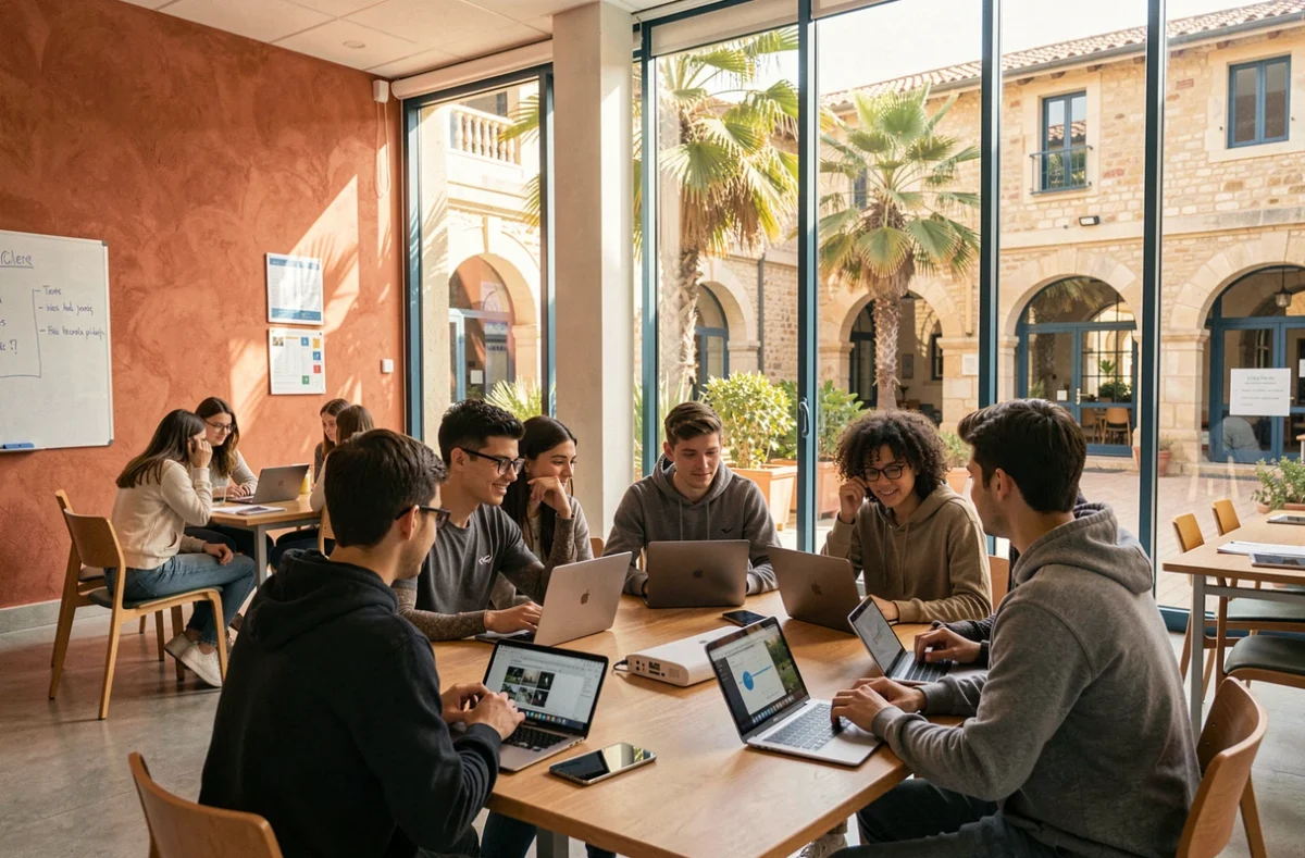 Étudiants en informatique collaborant sur des ordinateurs portables dans une université moderne de la région Provence-Alpes-Côte d'Azur