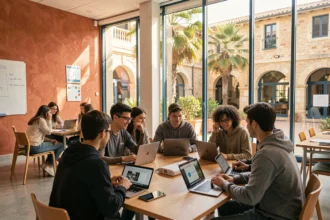 Étudiants en informatique collaborant sur des ordinateurs portables dans une université moderne de la région Provence-Alpes-Côte d'Azur