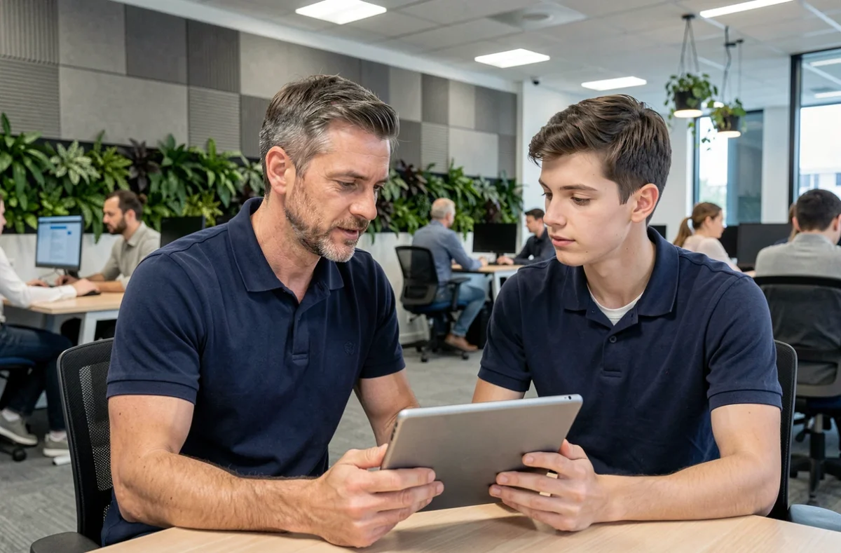 Professionnel en session de mentorat numérique dans un espace de coworking moderne, formation digitale Académie Tic et Tac
