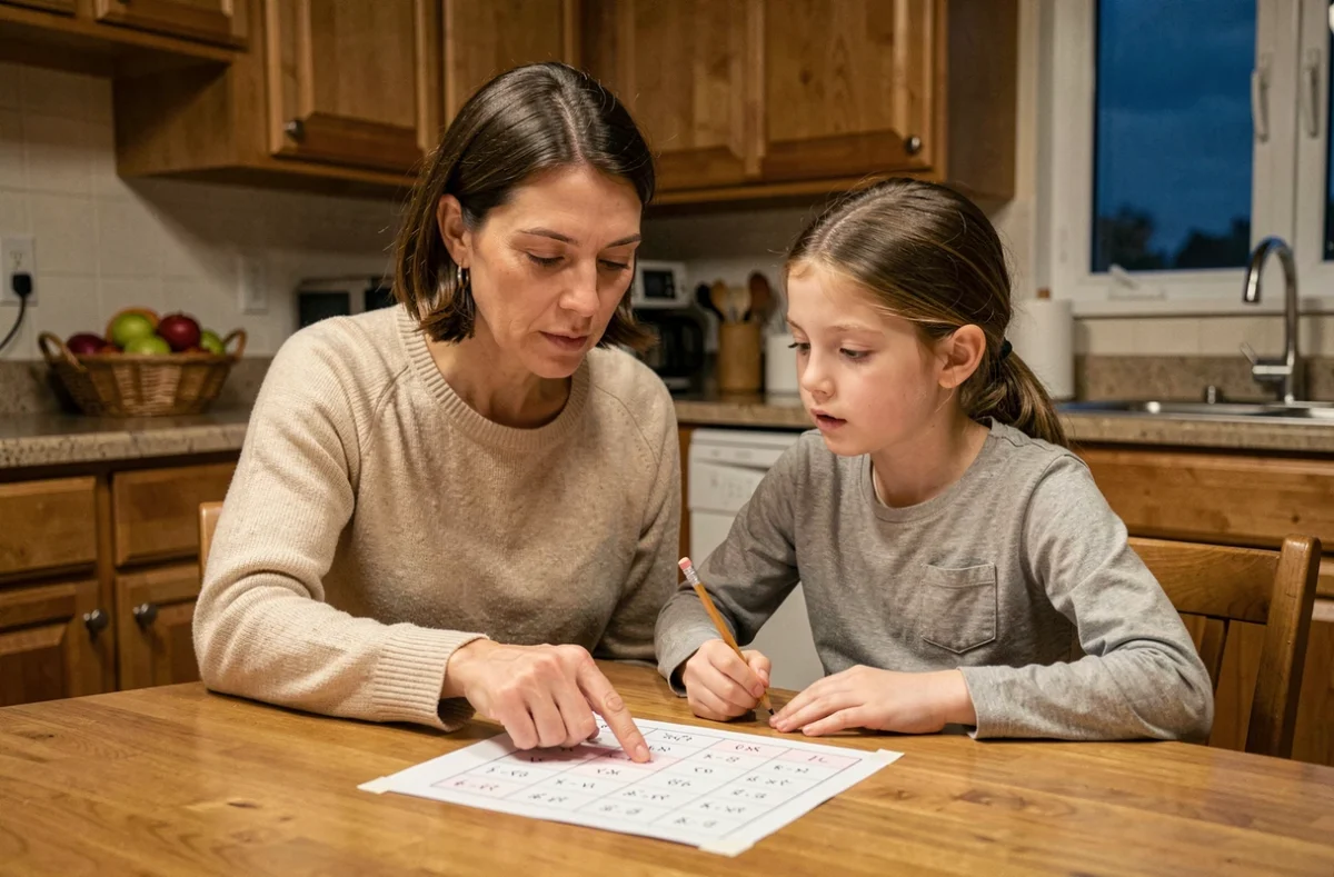 Mère aidant sa fille à apprendre la table de 8 autour de la table de cuisine le soir
