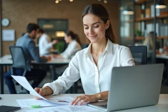 Jeune femme professionnelle dans un bureau administratif moderne, consultant des documents et travaillant sur ordinateur portable