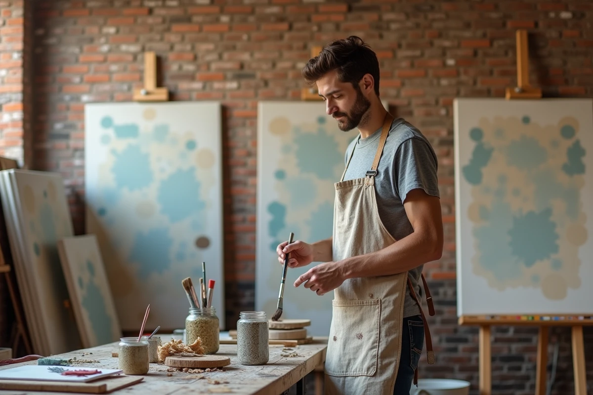 Artiste masculin peignant dans un atelier créatif entouré de toiles et de matériaux artistiques