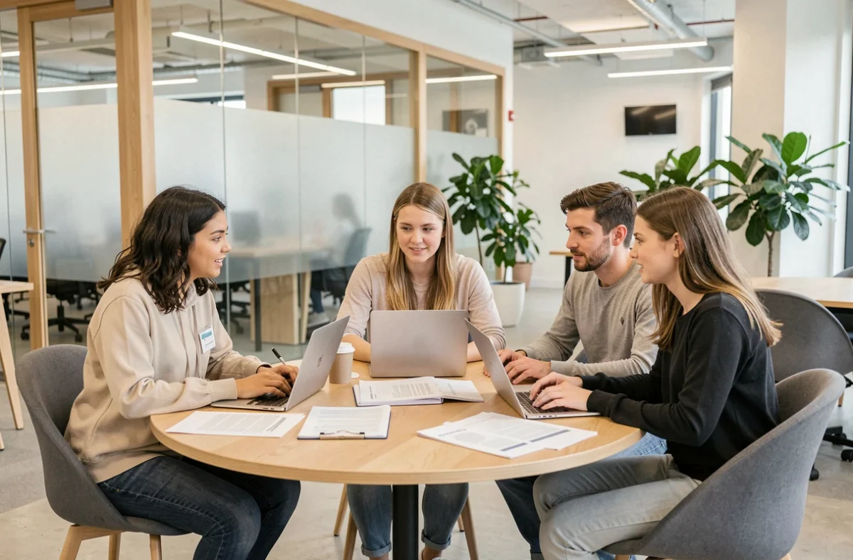 Étudiants travaillant en groupe dans un espace collaboratif de NEOMA Business School, grande école de management en Normandie