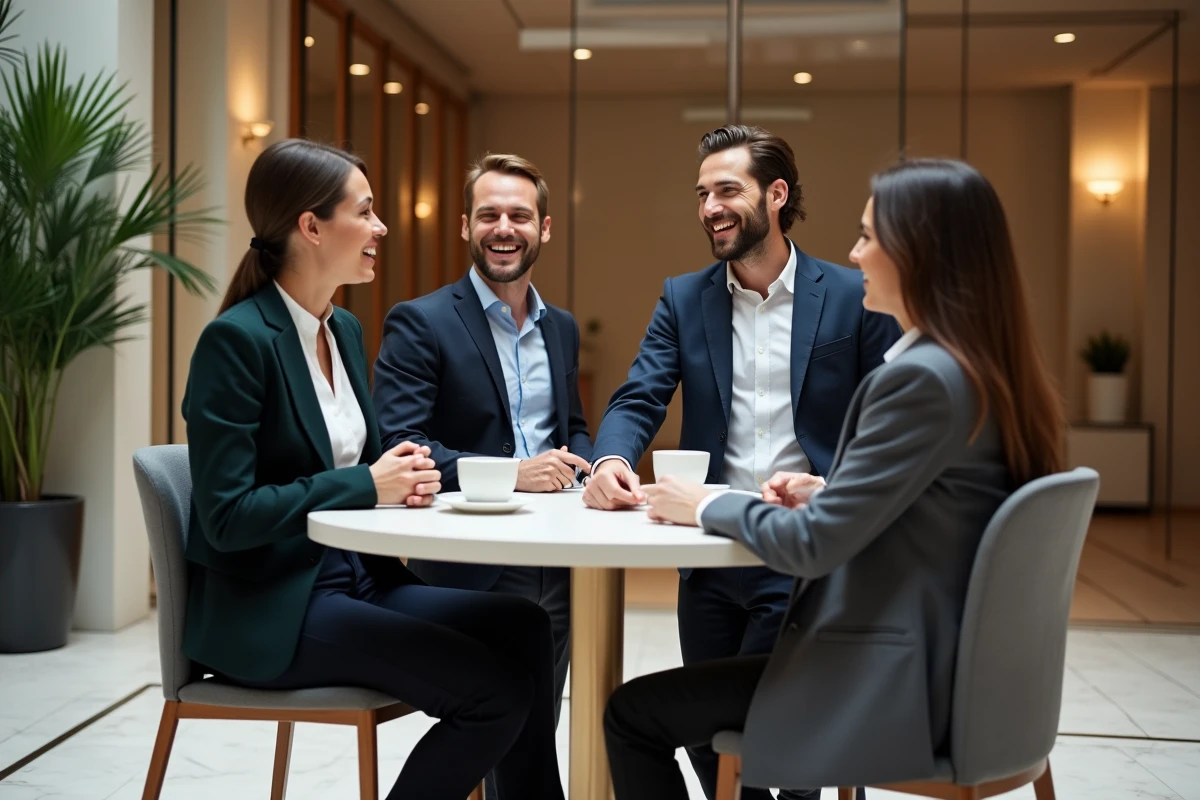 Groupe de professionnels en networking lors d'une pause d'une conférence de formation digitale à Paris