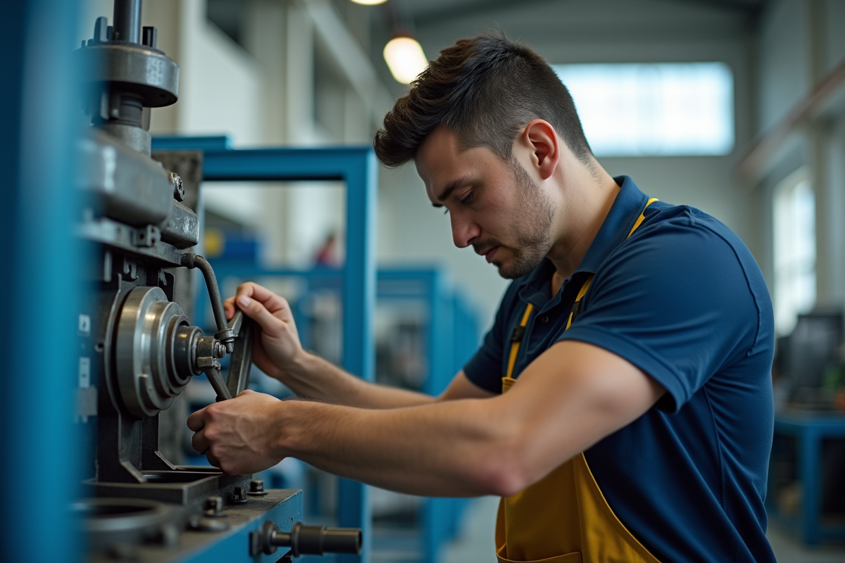 Ouvrier ajustant une machine dans un atelier industriel lumineux