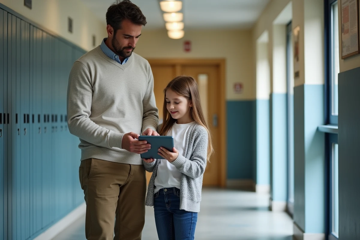 Père et fille regardant une tablette dans un couloir d