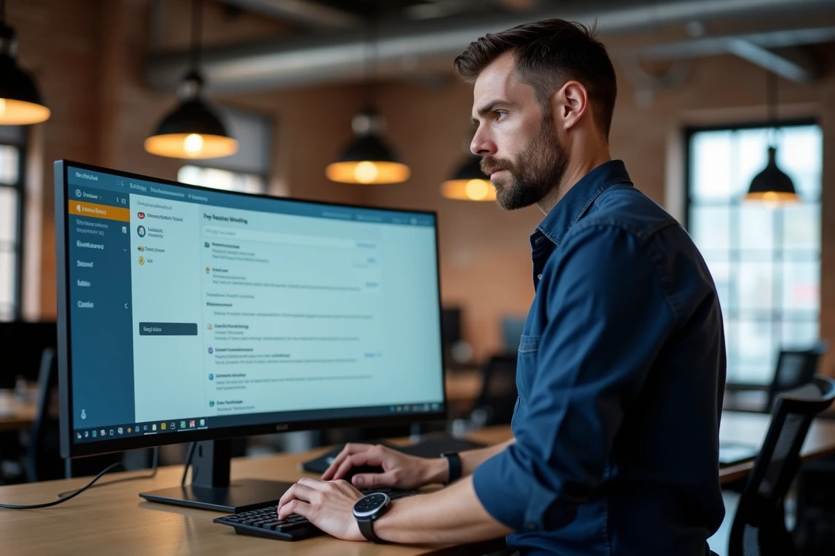Homme paramétrant une campagne d'emailing sur un grand écran dans un bureau moderne en open space