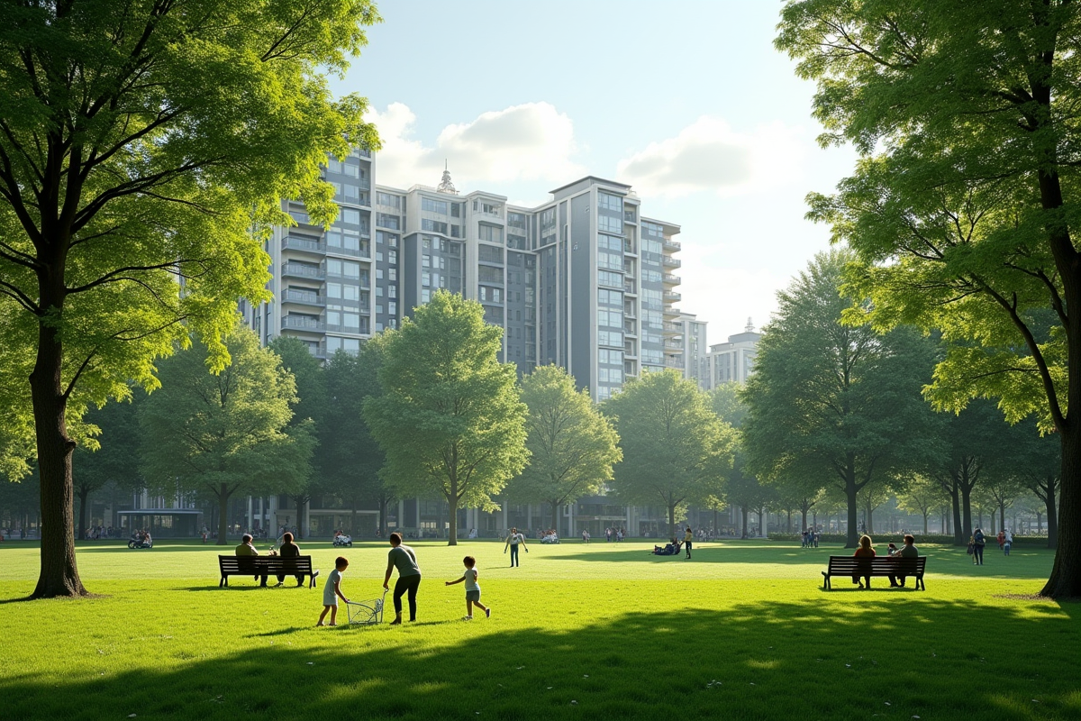 Parc urbain avec familles et enfants en plein air