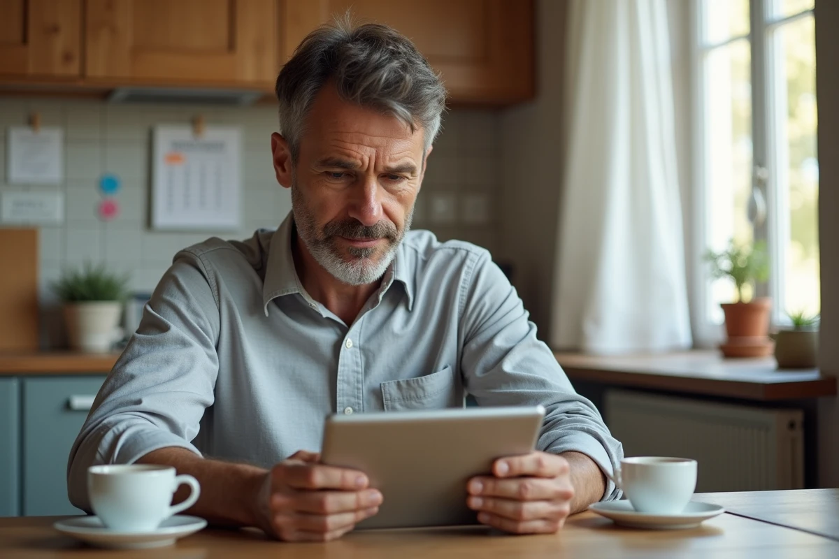 Parent consultant l'application ENT45 sur une tablette depuis son domicile pour suivre la scolarité de son enfant