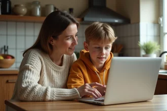 Une mère et son fils collégien consultent ensemble le site fiche classe.fr 2026 sur un ordinateur portable à la maison