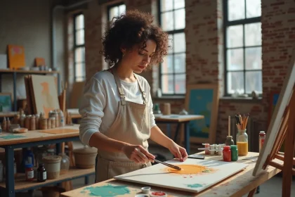 Artiste peintre passionnée travaillant dans son atelier de loft converti, illustrant la transformation d'une passion créative en véritable profession