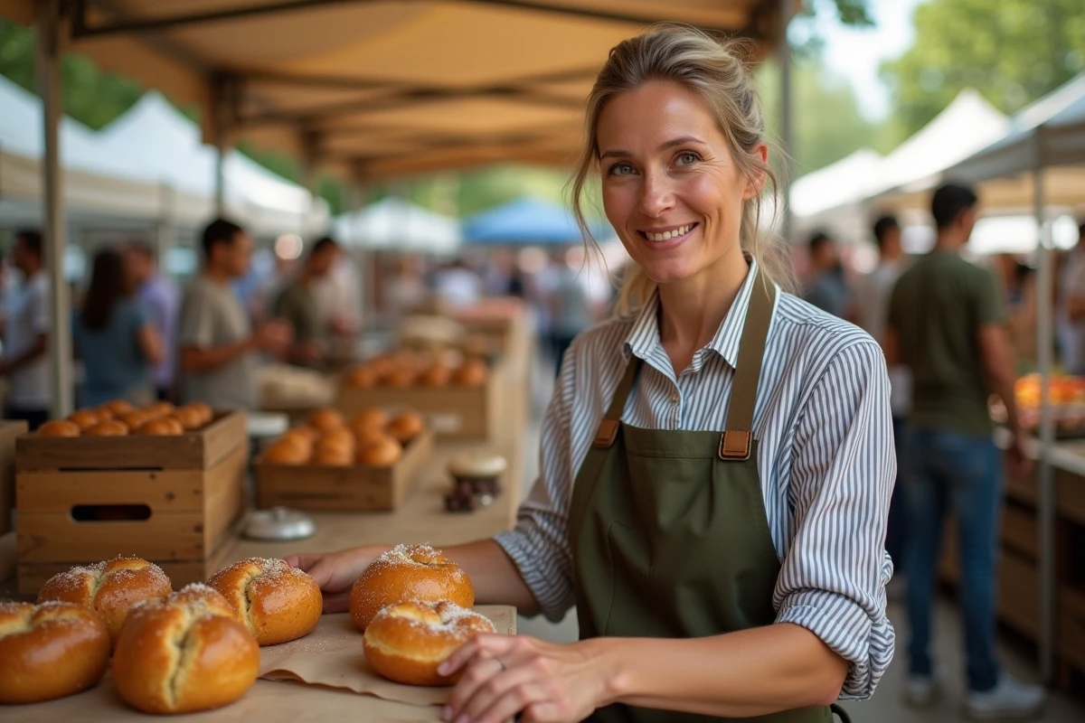 Pâtissière artisanale présentant ses créations sur un marché de producteurs, incarnant la réussite professionnelle née d'une passion culinaire