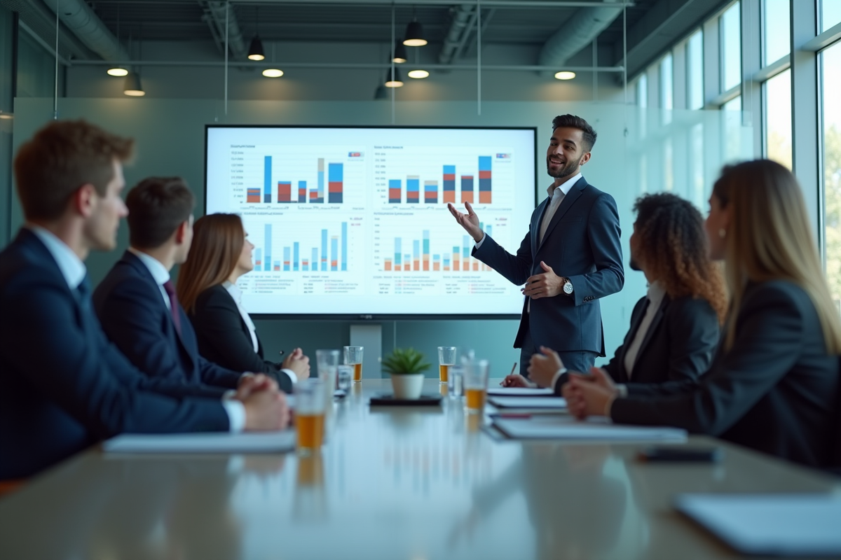 Étudiant en affaires présentant des graphiques à une audience