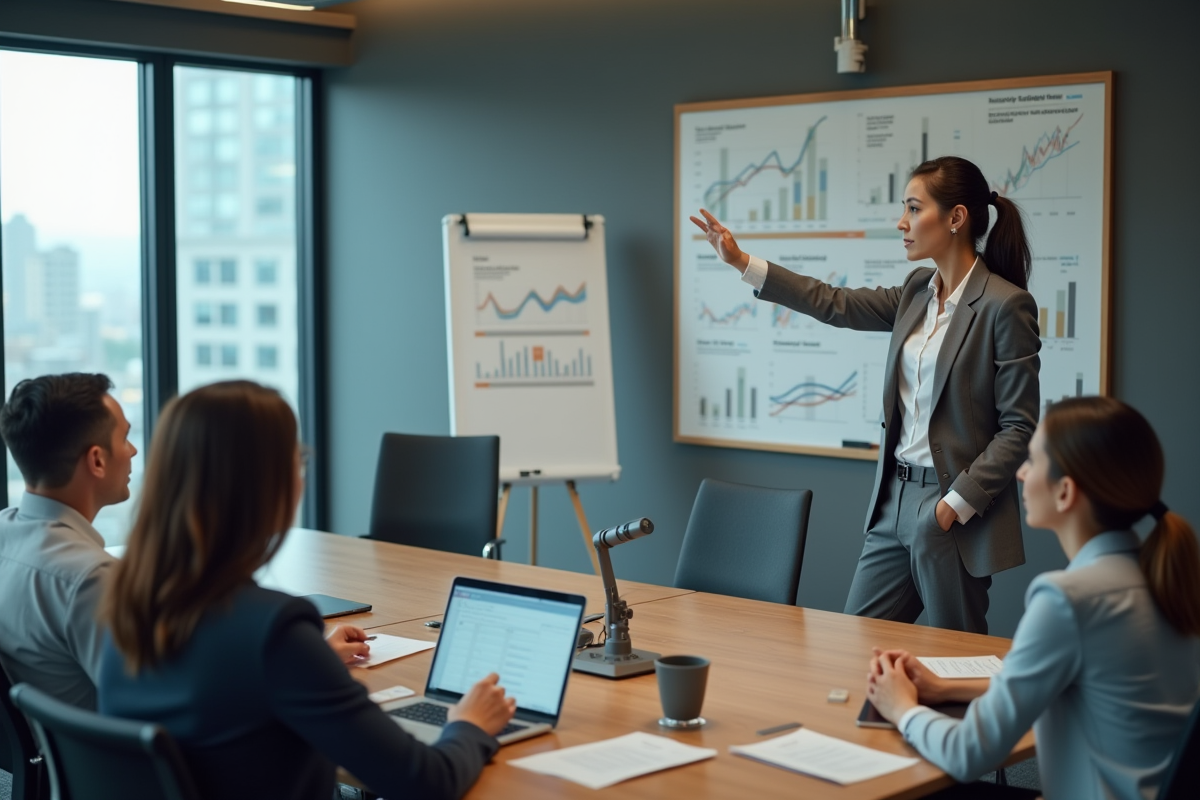 Femme analyste financière présentant des graphiques lors d