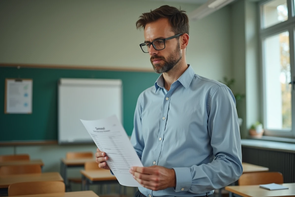 Un professeur de collège examine une fiche de classe imprimée dans une salle de cours vide