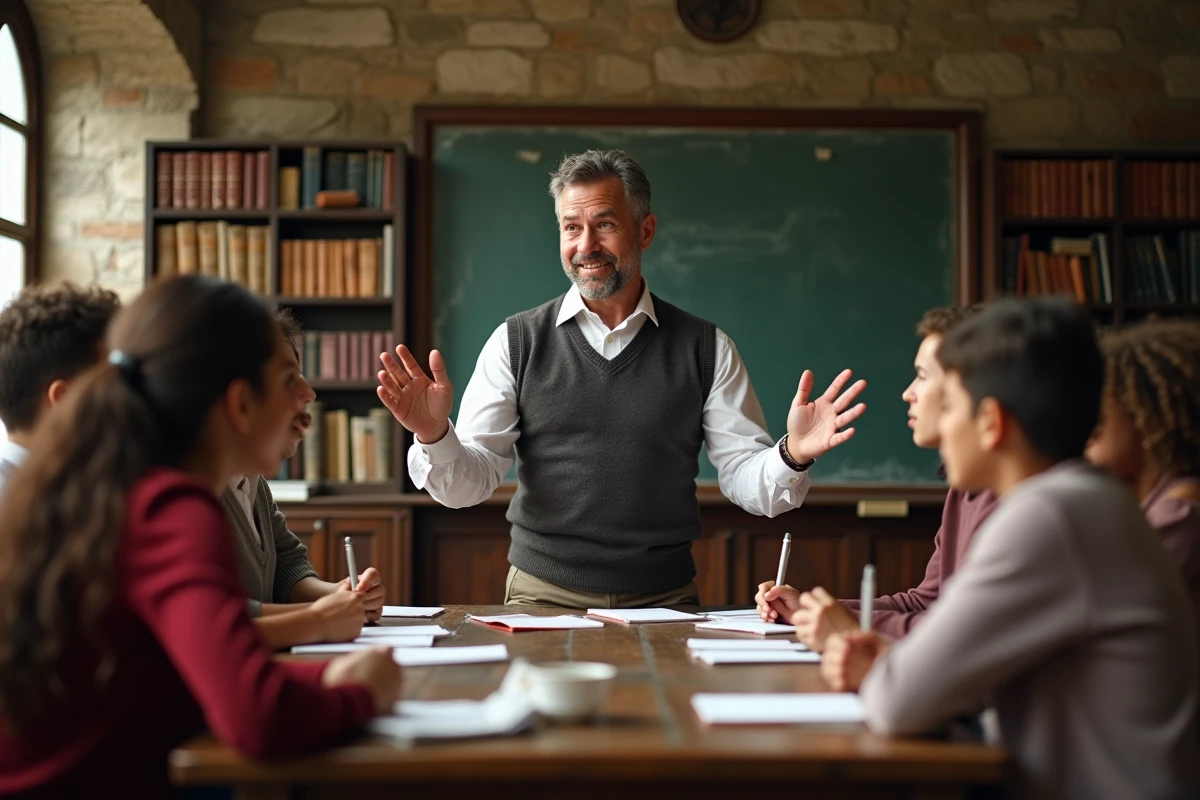 Professeur dynamique avec élèves dans une salle de classe