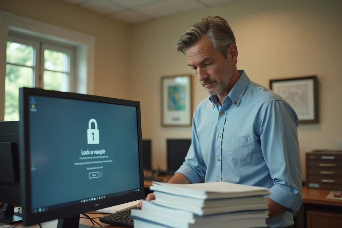 Professeur universitaire face à une erreur de connexion sur le portail académique dans un bureau administratif