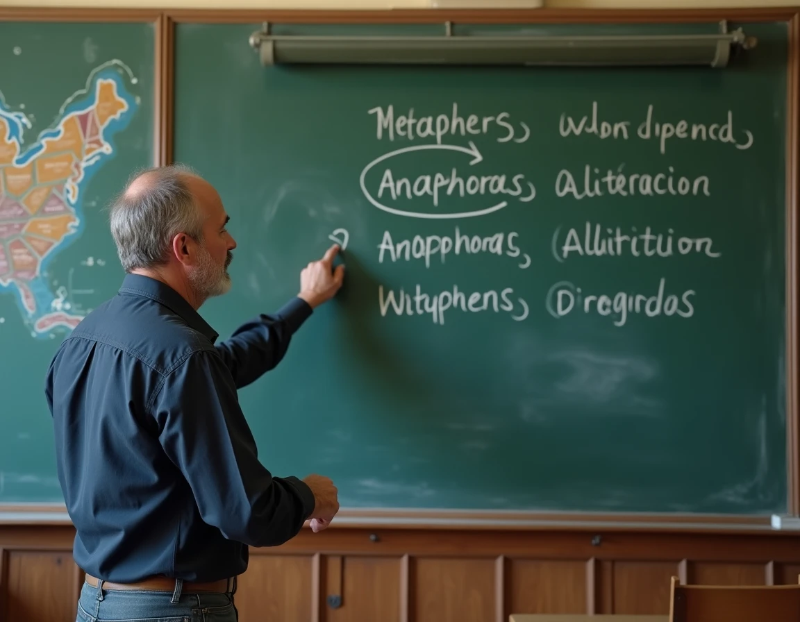 Professeur de français expliquant des figures de style au tableau dans une salle de classe lycée