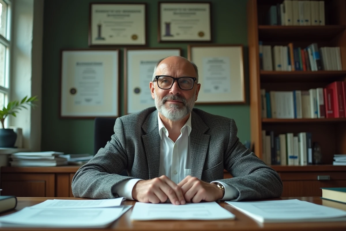 Professeur en informatique entouré de documents d'accréditation académique dans son bureau universitaire