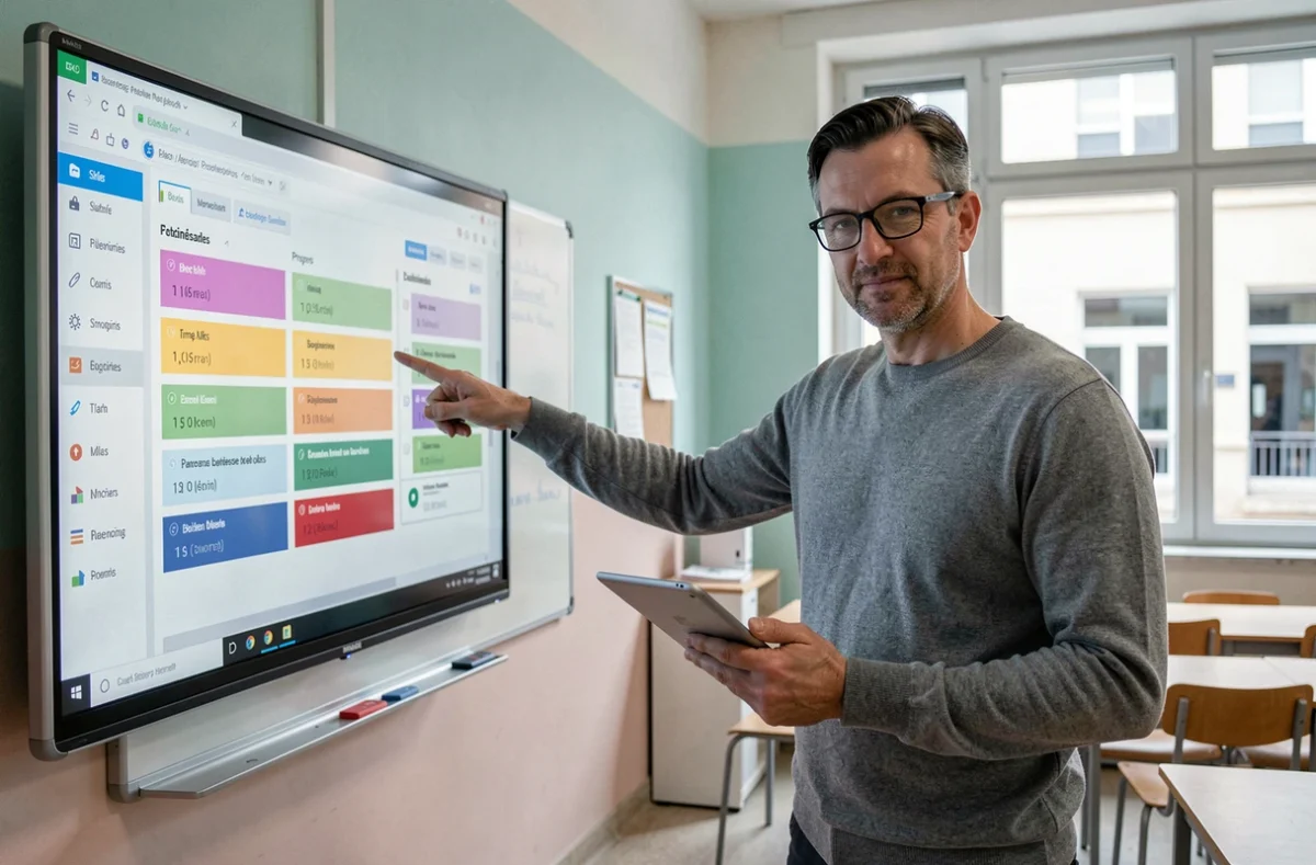 Professeur devant un tableau numérique interactif affichant le suivi des élèves sur l'ENT Aisne NEO