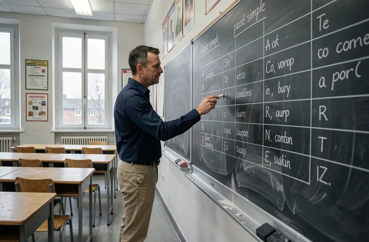 Professeur de français écrivant les conjugaisons du passé simple au tableau noir dans une salle de classe de lycée