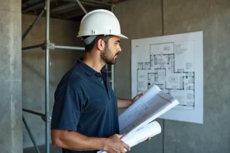 Un professionnel du BTP en casque blanc étudiant des plans architecturaux sur un chantier de construction moderne