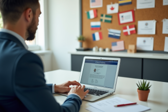 Professionnel mettant à jour son CV sur un ordinateur lumineux