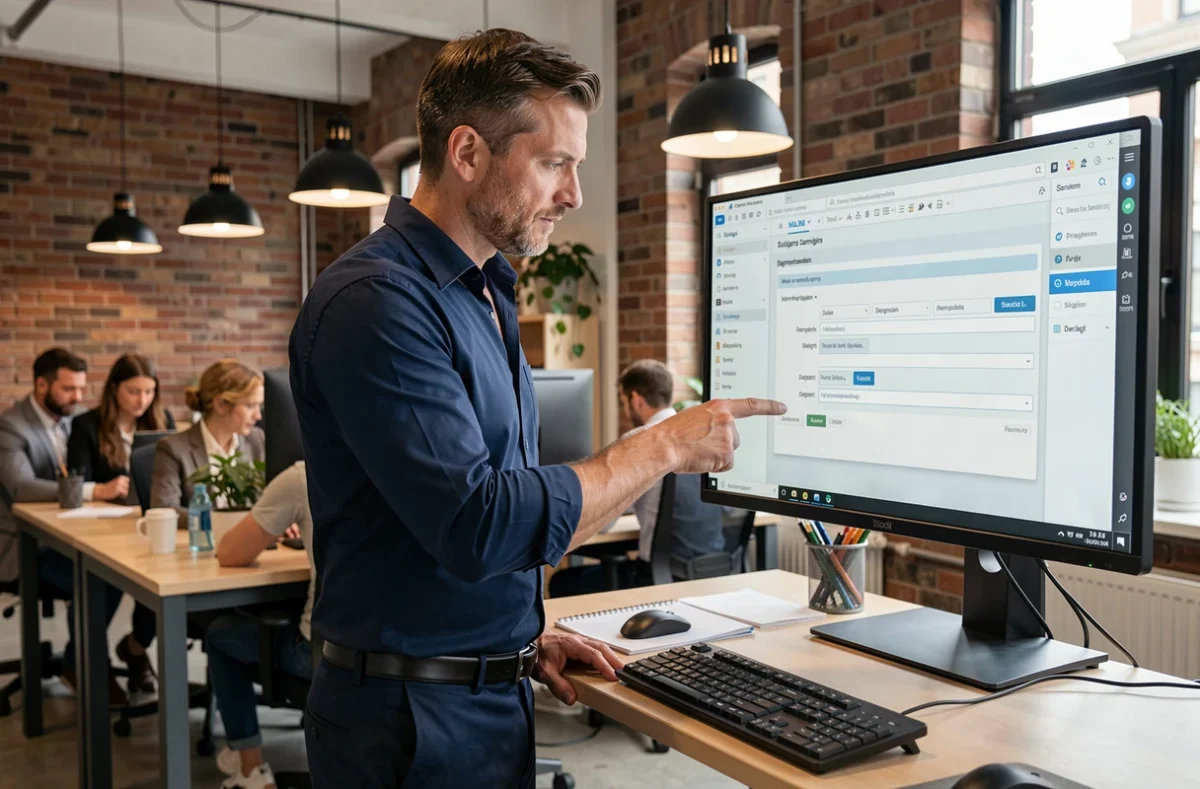 Professionnel du marketing configurant les réglages d'un outil emailing sur grand écran dans un espace de coworking