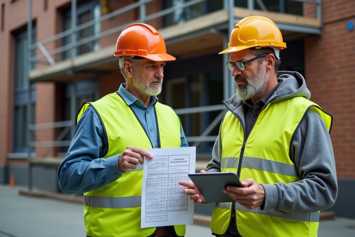 Deux professionnels du BTP comparant des programmes de formation devant un bâtiment de chantier urbain