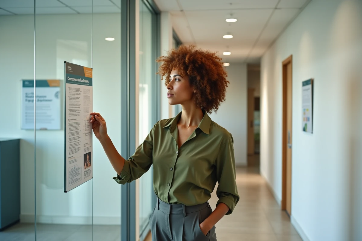 Jeune demandeuse d'emploi consultant le programme de suivi intensif Solerys affiché dans un centre d'accompagnement