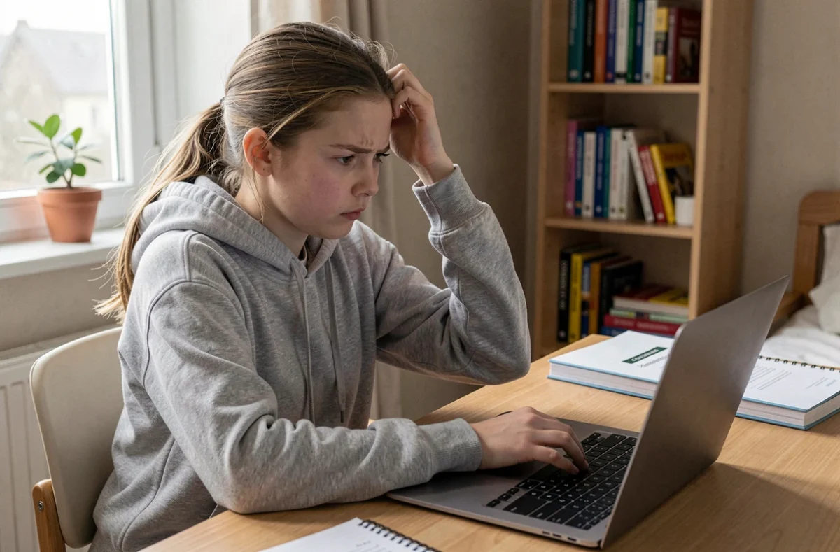 Adolescente cherchant à récupérer son mot de passe sur un site scolaire depuis son bureau à la maison
