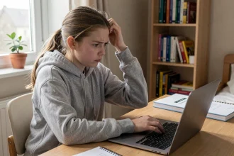 Adolescente cherchant à récupérer son mot de passe sur un site scolaire depuis son bureau à la maison