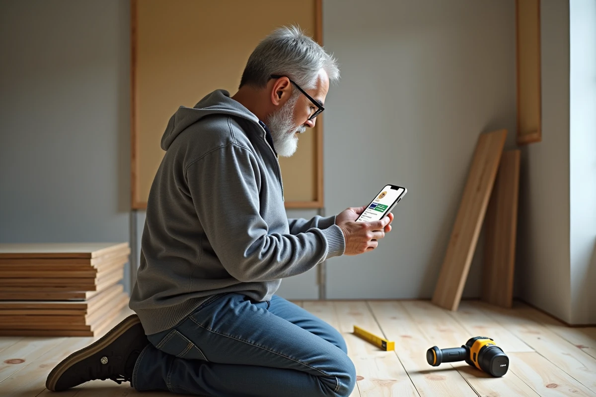 Homme en pleine rénovation consultant son compte CPF sur smartphone pour valider sa formation bricolage certifiante