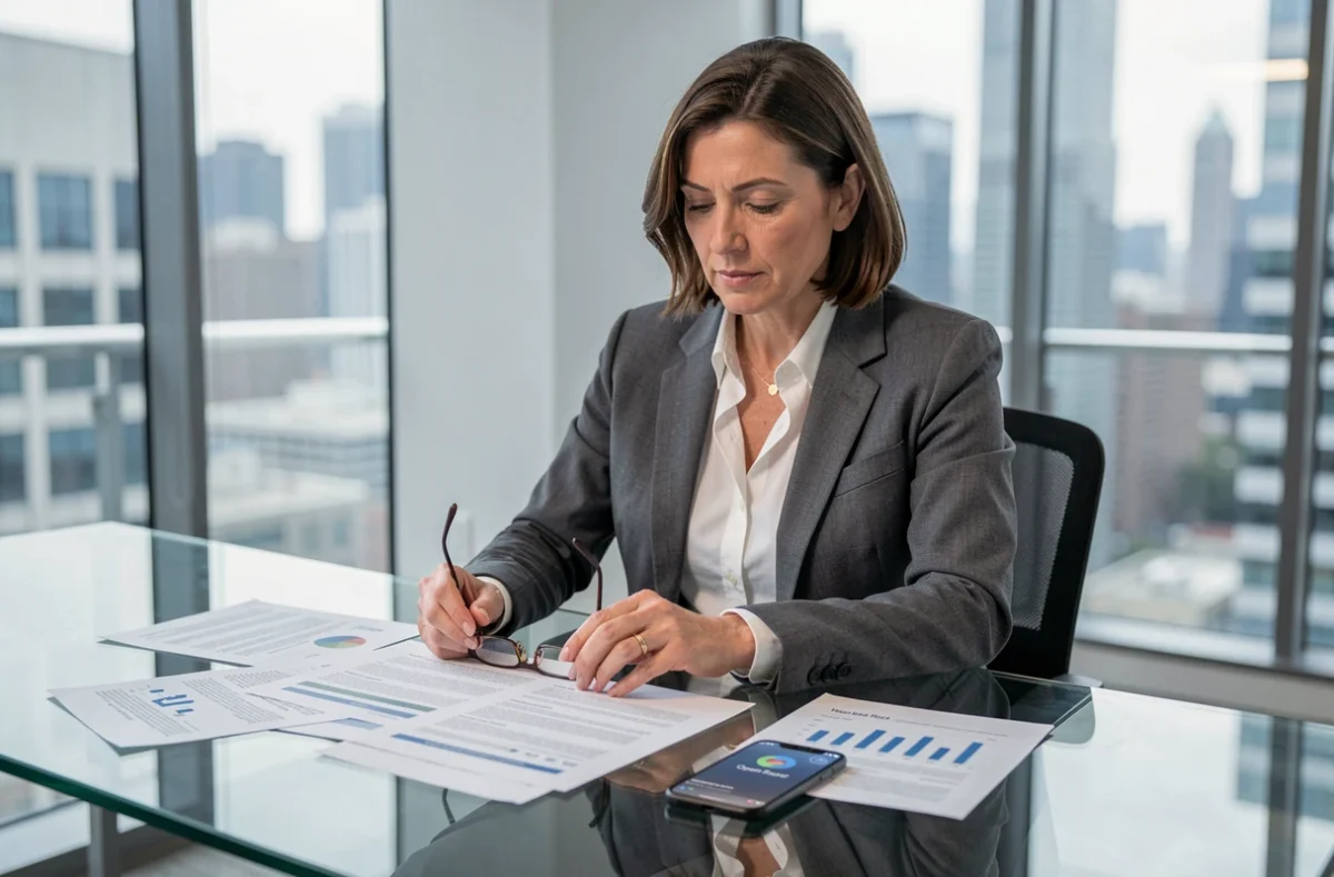 Responsable marketing analysant les statistiques d'ouverture d'emails imprimées et sur smartphone dans un bureau moderne