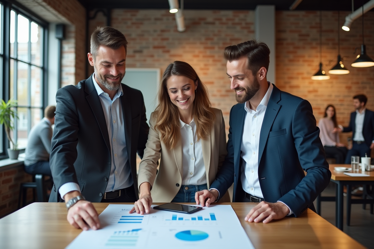 Groupe de trois entrepreneurs discutant autour d